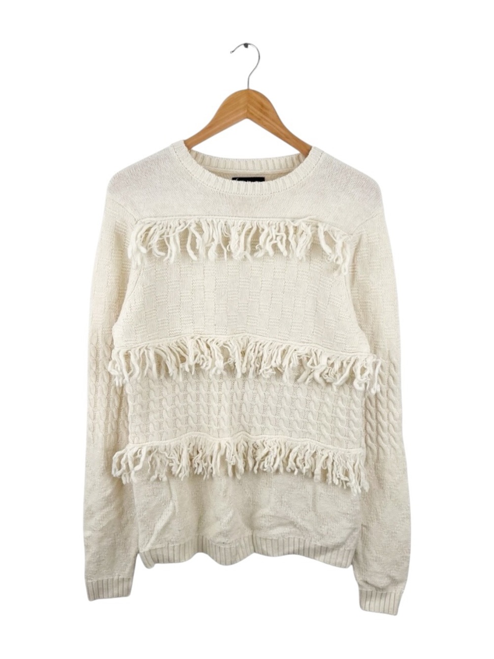 Boho Fringe Knit Sweater Cream Textured Festival Unisex Small Oversized Fit